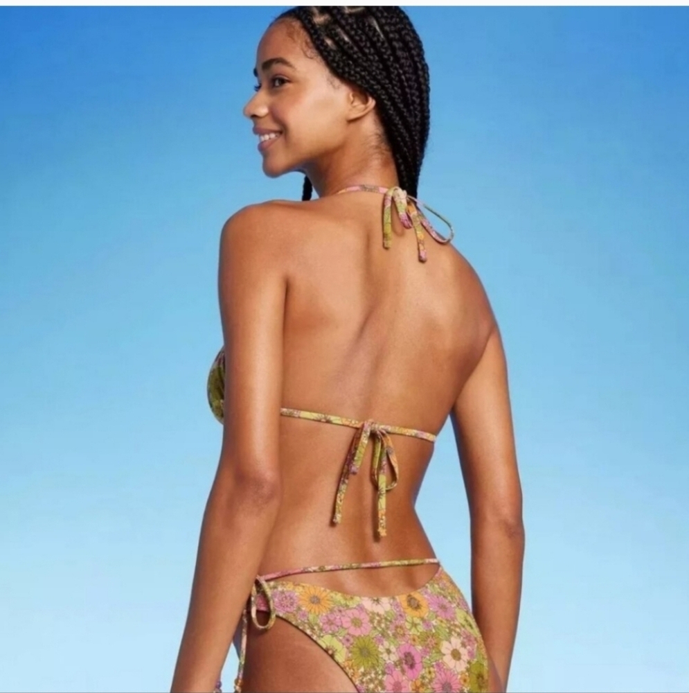 Women's Beaded Strap Triangle Bikini Bottom Wild Fable Pink Floral XL(16) - Picture 3 of 11